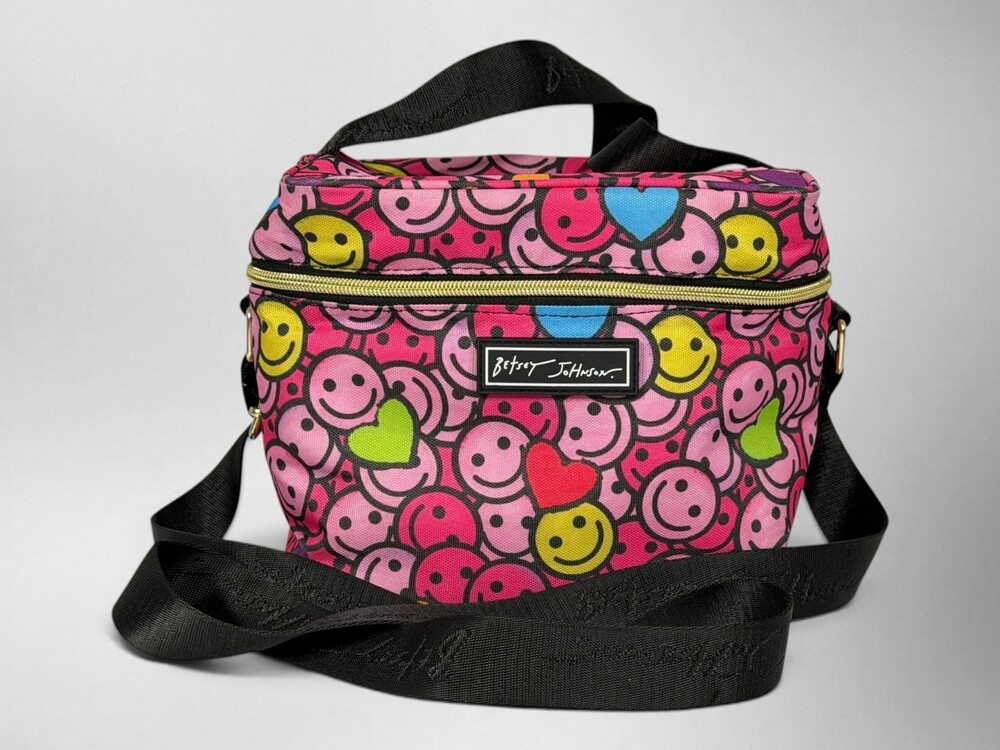 Betsey Johnson Smiley Face Hearts Insulated Lunch Tote Bag Pink Crossbody